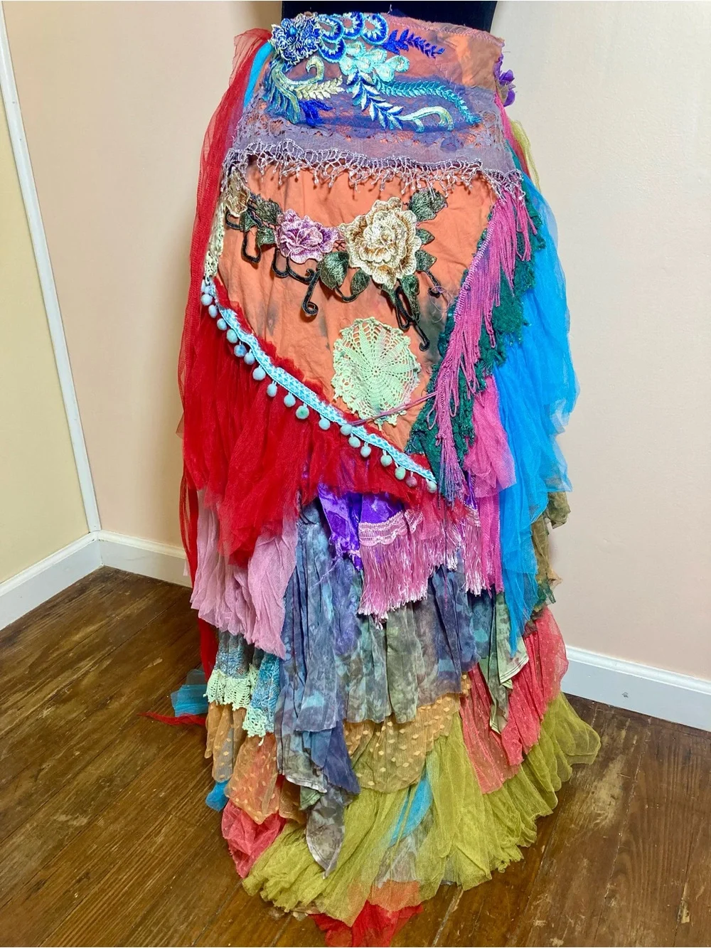 Handmade Bohemian Multi-Color Maxi Skirt with Fringe Details - Picture 2 of 3
